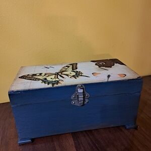 Blue Wooden Box with Butterfly Design